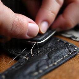 Leather craftsman carefully stitching exotic leather onto a device component