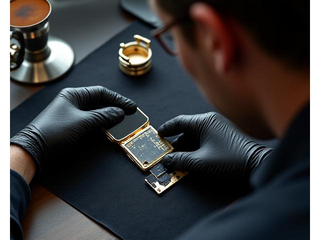 An expert with white gloves examining a rare gadget under a magnifying glass, focusing on details