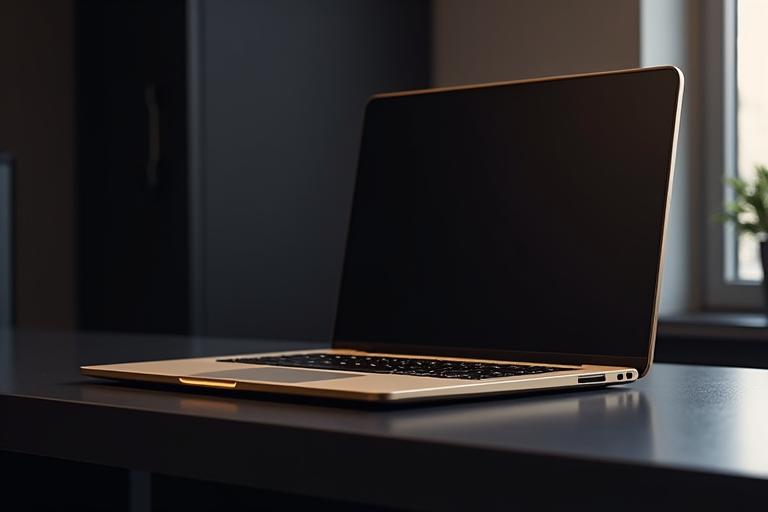 Sleek, gold-accented luxury laptop on a minimalist desk, reflecting sophistication
