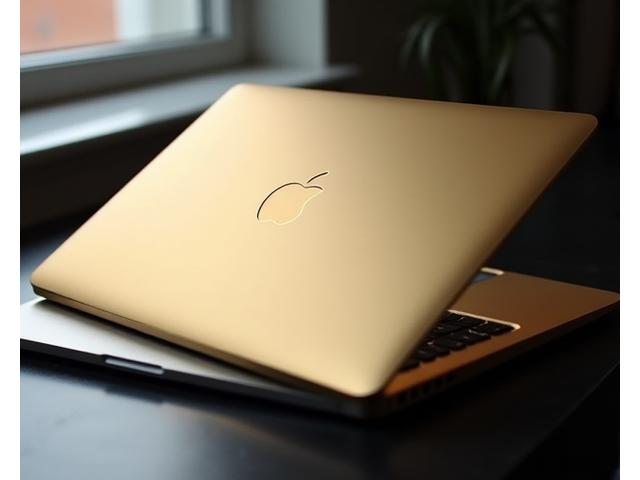 MacBook Pro with custom gold finish, open on a dark table