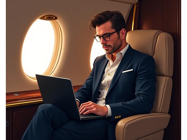 Sophisticated man using a slim laptop in a private jet cabin