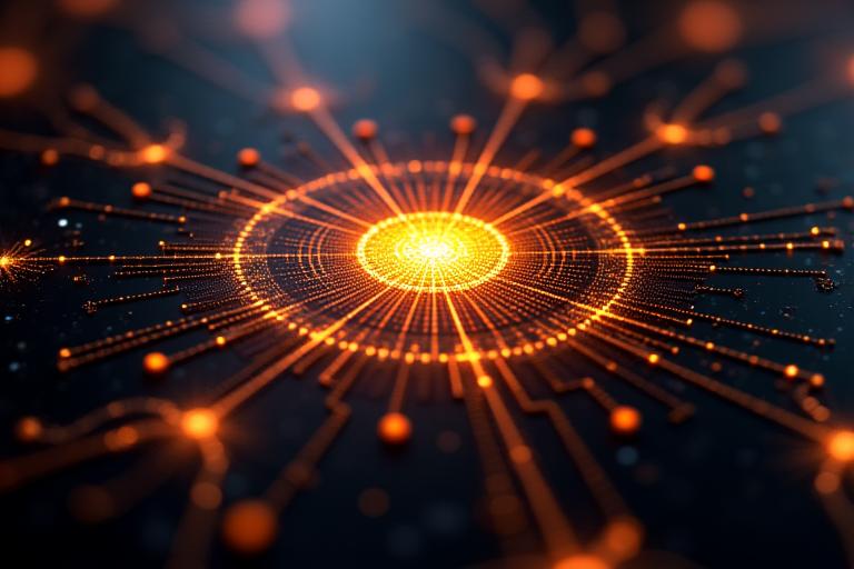 Abstract visualization of secure data flowing through a network, represented by glowing lines and shielded symbols