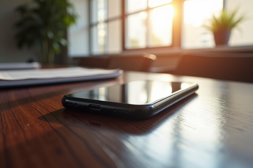 A luxury smartphone rendered via augmented reality seamlessly placed on a sleek, minimalist desk in a modern executive office.