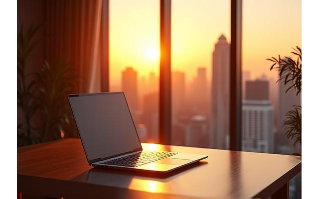 A high-end laptop on a polished wooden desk in a sunlit executive office, overlooking a city skyline