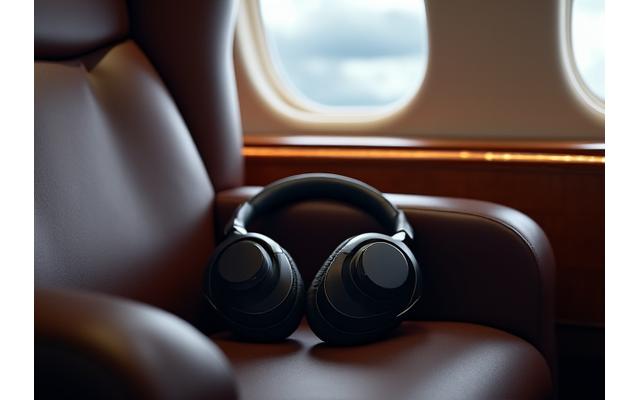 A pair of premium noise-cancelling headphones resting on a leather seat in a private jet interior